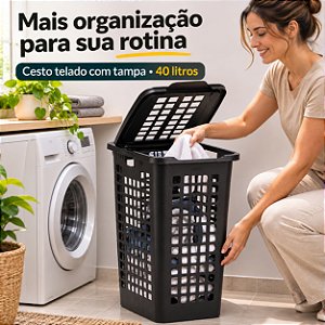 Cesto De Roupa Suja 40L Telado Com Tampa Banheiro Lavanderia