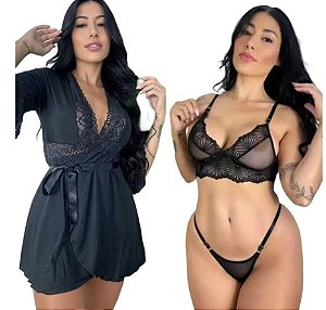 Conjunto Lingerie Calcinha Sutiã com Hobby Preto