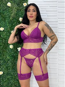 Conjunto Lingerie com Cinta Liga Sensual Roxo
