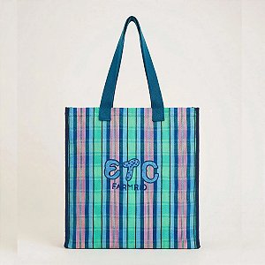 Bolsa Tote de Ráfia Farm Multicolor Azul e Verde