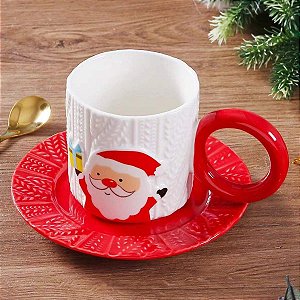 Xícara Natal Papai Noel com Pires Cerâmica