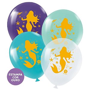 Balão de Festa Redondo Profissional Látex Decorado 11" 28cm - Sereia - 25 Unidades - Art-Latex - Rizzo Embalagens