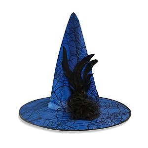 Chapéu de Bruxa Luxo - Halloween - Azul com aplique em renda preto - 01 unidade - Rizzo