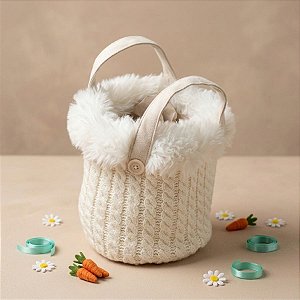 Cesto Crochê com Alça e Borda Pelúcia - Marfim/Branco - 01 unidade - Cromus - Rizzo
