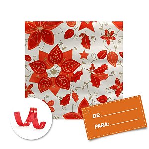 Kit Saco para Presente + Fecho de Natal + Poinséttia Vermelha  20cm x 29cm 01 Unidade Cromus Rizzo Embalagens