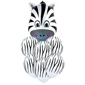 Buque de Balões Animal Print 24"- Zebra - 01 Balão Metalizado + 6 Balões Látex - Partiufesta - Rizzo Embalagens