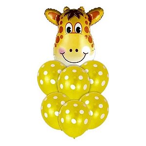 Buque de Balões Animal Print 24"- Girafa - 01 Balão Metalizado + 6 Balões Látex - Partiufesta - Rizzo Embalagens