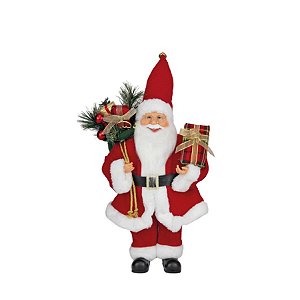 Papai Noel com Caixa de Presentes Xadrez Vermelho 40cm - 01 unidade Cromus Natal - Rizzo Embalagens