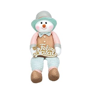 Boneco de Neve Sentado com Feliz Natal Azul e Rosa - 01 unidade Cromus Natal - Rizzo Embalagens