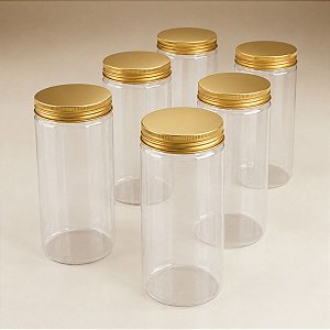Pote de Plástico Transparente com Tampa Dourada Rosqueável - 6,5x12cm - 300ml - 6 unidades - Rizzo