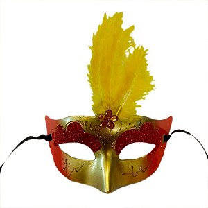 Máscara de Carnaval com Plumas Sortidas Mod 6801 - Dourado/Vermelho - 01 unidade - Rizzo