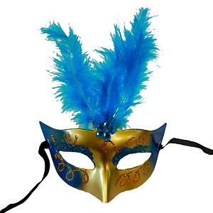 Máscara de Carnaval com Plumas Sortidas Mod 6801 - Dourado/Azul - 01 unidade - Rizzo