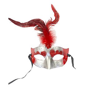 Máscara de Carnaval com Plumas Sortidas Mod 6830 - Vermelho/Prata - 01 unidade - Rizzo