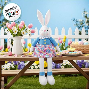 Coelha Decorativa Sentada Vestido Florido Rosa/Azul G - 1 unidade - Cromus - Rizzo