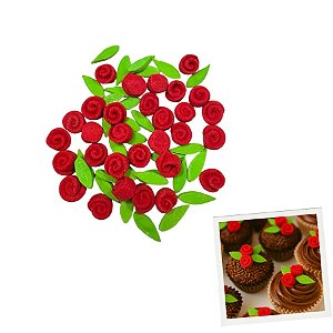 Mini Confeito - Mini Rosas Com Folhas - 1 unidade Pct. c/ 60 unds. - Abelha Confeiteira - Rizzo