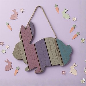 Placa de Coelho de Madeira Deitado Colorido para Pendurar 16 cm - 1 unidade - Rizzo
