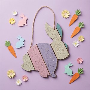 Placa de Coelho de Madeira Sentado Colorido para Pendurar 16 cm - 1 unidade - Rizzo