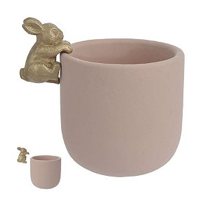 Vaso de Cimento Rosa Bebê com Coelho Dourado - 1 unidade - Rizzo