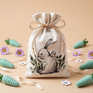 Saquinho de Tecido Branco com Coelho P - 1 unidade - Cromus - Rizzo Embalagens