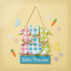 Placa para Pendurar Coelhinhos Coelho Feliz Páscoa - 30cm x 18cm - 1 unidade - Cromus Páscoa - Rizzo