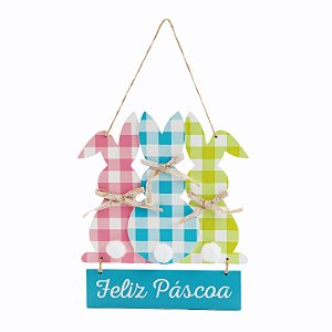 Placa para Pendurar Coelhinhos Coelho Feliz Páscoa - 30cm x 18cm - 1 unidade - Cromus Páscoa - Rizzo Embalagens