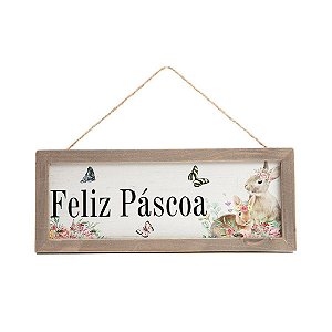Quadro Retangular de Madeira "Feliz Páscoa" Coelhos com Flores - 1 unidade - Cromus - Rizzo Embalagens