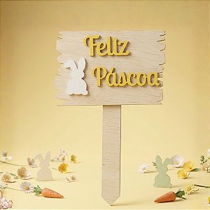 Placa de "Feliz Páscoa" com Coelho - Amarelo - 1 unidade - Rizzo