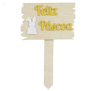 Placa de "Feliz Páscoa" com Coelho - Amarelo - 1 unidade - Rizzo