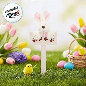 Plaquinha de Páscoa MDF Coelho Florido Mini - Pegadas - Rosa - 1 unidade - Cromus - Rizzo Embalagens