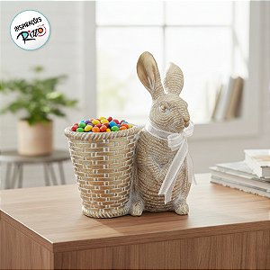 Coelho Decorativo de Resina de Páscoa com  Cesta - 1 unidade - Cromus