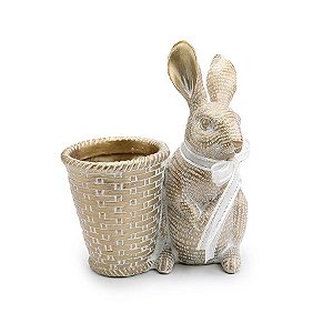 Coelho Decorativo de Resina de Páscoa com  Cesta - 1 unidade - Cromus