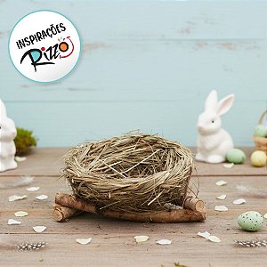 Ninho de Páscoa com Base de Madeira Marrom e Verde Rústico (20cm) - 1 unidade - Cromus - Rizzo Embalagens