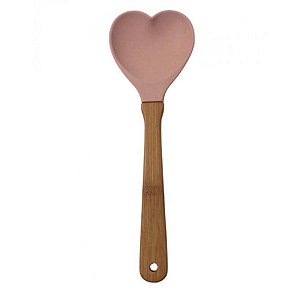 Colher Coração em Silicone 31 cm com Cabo de Madeira - Rosa Nude - 1 unidade - Wellmix - Rizzo Embalagens