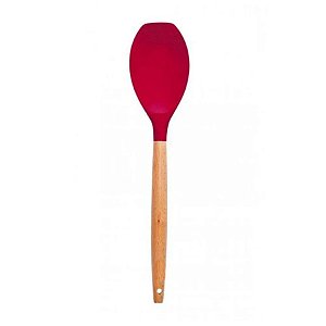 Colher de Silicone para Servir com Cabo em Madeira 32 cm - Vermelho Escarlate - 1 unidade - Wellmix - Rizzo Embalagens