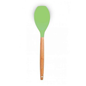 Colher de Silicone para Servir com Cabo em Madeira 32 cm - Verde - 1 unidade - Wellmix - Rizzo Embalagens