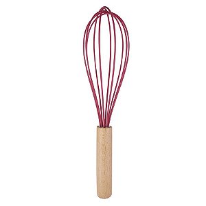 Fouet de Silicone com Cabo de Madeira 26 cm - Vermelho Escarlate - 1 unidade - Wellmix - Rizzo Embalagens