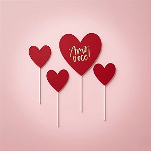 Kit Topo de Bolo "Amo Você" - Vermelho e Dourado - 1 unidade - Cromus - Rizzo