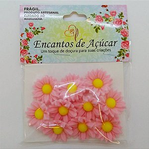 Confeito de Açúcar p/ Acabamento - Flor Girassol Rosa Bebe/Amarelo - Tamanho M - 1 unidade - 10 Peças - Rizzo