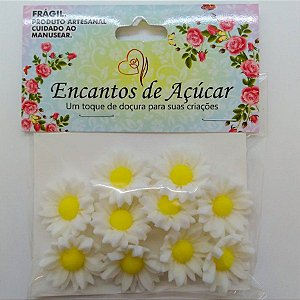 Confeito de Açúcar p/ Acabamento - Flor Girassol Branco/Amarelo - Tamanho M - 1 unidade - 10 Peças - RizzoEncantos de Aç