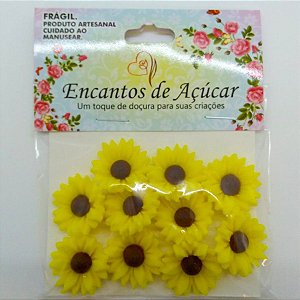 Confeito de Açúcar p/ Acabamento - Flor Girassol Amarelo/Marrom - Tamanho M - 1 unidade - 10 Peças - Rizzo