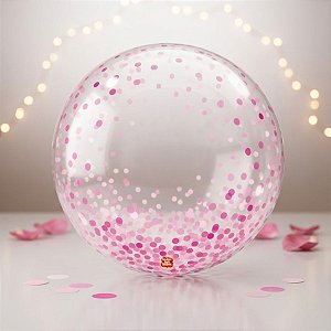 Balão Bolha Confetti Rosa - 1 unidade - 61cm (24'') - Balões São Roque - Rizzo Embalagens