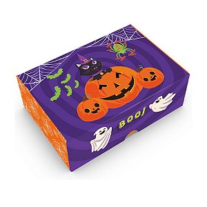 Caixa Tipo Practice Halloween Roxa e Laranja Abóbora e Gatinho - "Boo!" - 10 unidades - Ideia - Rizzo Embalagens