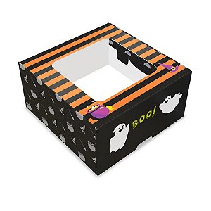 Caixa Tipo Practice com Visor Halloween Preta e Laranja Fantasma - "Boo!" - 10 unidades - Ideia - Rizzo Embalagens