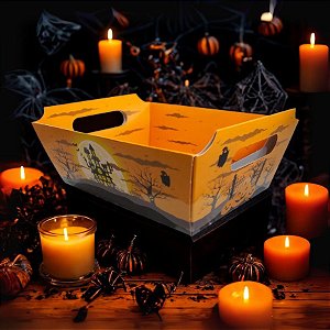 Cesta Montada para Lembrancinhas e Doces Halloween Laranja - "Noite Fantasma" - 22x17,5x8cm - 1 unidade - Ideia - Rizzo