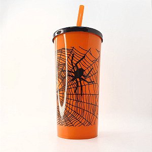 Copo com Tampa e Canudo 600 mL - Aranha - Laranja e Preto - 1 unidade - Rizzo