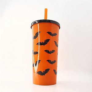 Copo com Tampa e Canudo 600 mL - Morcegos Halloween - Laranja e Preto - 1 unidade - Rizzo