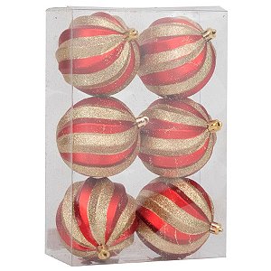 Bolas de Natal Listrada - Espiral Vermelho/Dourado - Cromus Natal - 6 unidades - Rizzo Embalagens