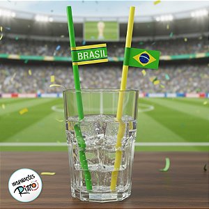 Canudos de Plástico com Aplique de Bandeirinha - Verde e Amarelo - 20 unidades - Cromus - Rizzo