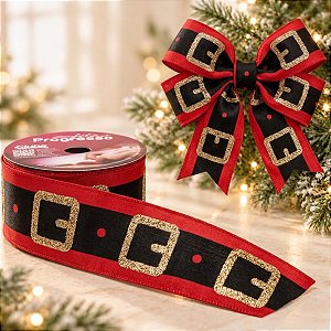 Fita de Cetim ECF005TG 22 mm - Cor 001 - Cinto Papai Noel - Rolo 10 Metros - 1 unidade - Fitas Progresso - Rizzo Embalagens