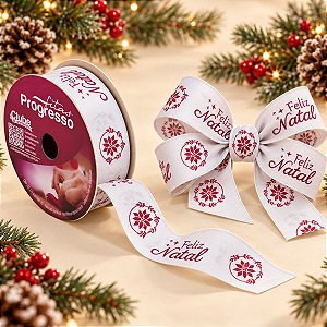 Fita de Cetim ECF005H 22 mm - Cor 871 - Frase Feliz Natal - Rolo 10 Metros - 1 unidade - Fitas Progresso - Rizzo Embalagens